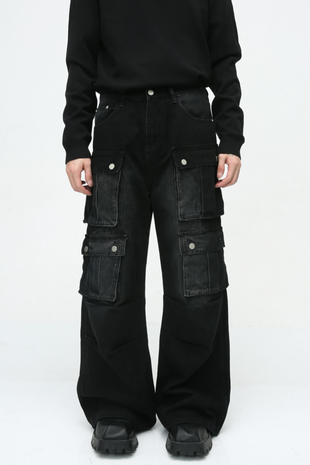 Multi-Pocket Cargo Wide-Leg Jeans with multiple pockets, no stretch, in black.