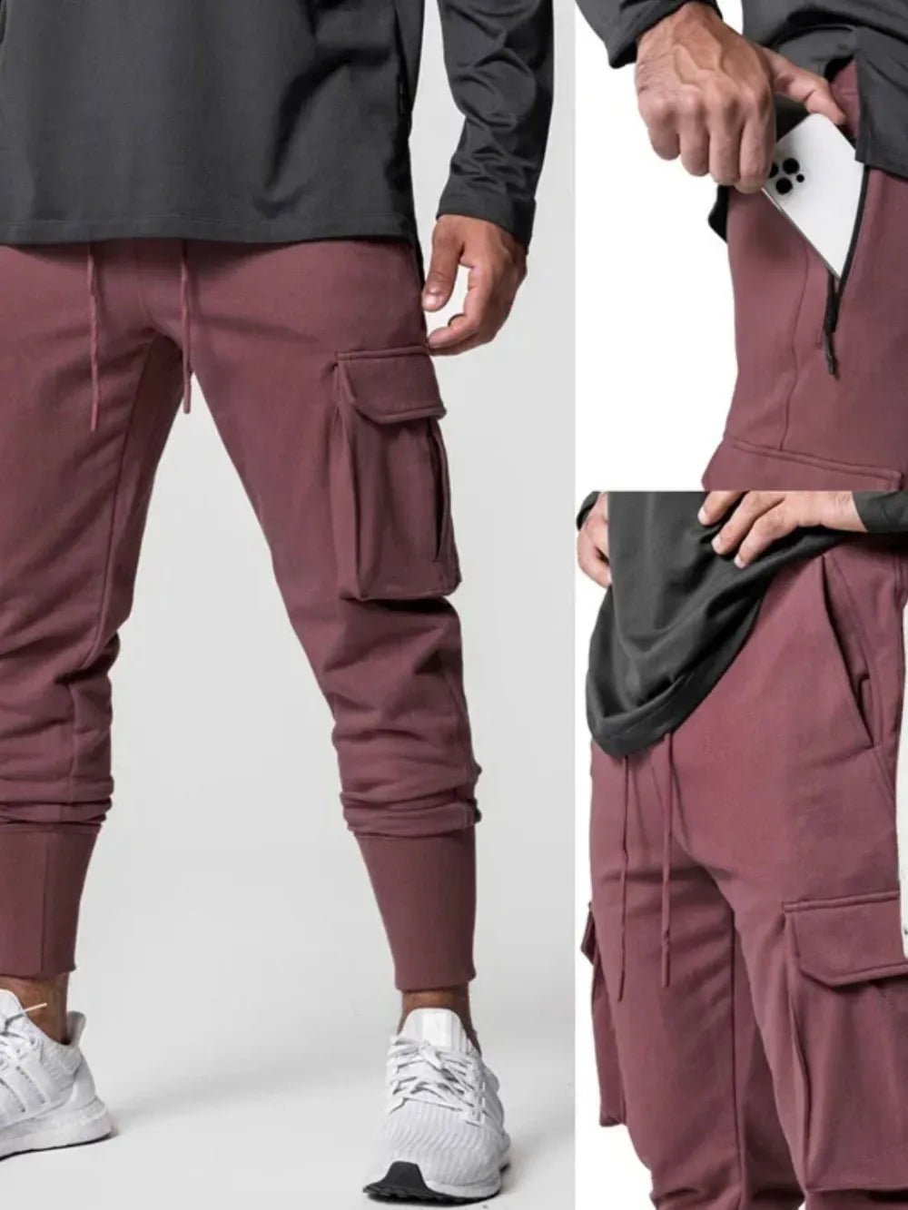 Men's multi-pockets cargo jogger pants in burgundy, showcasing basic style with convenient pockets.