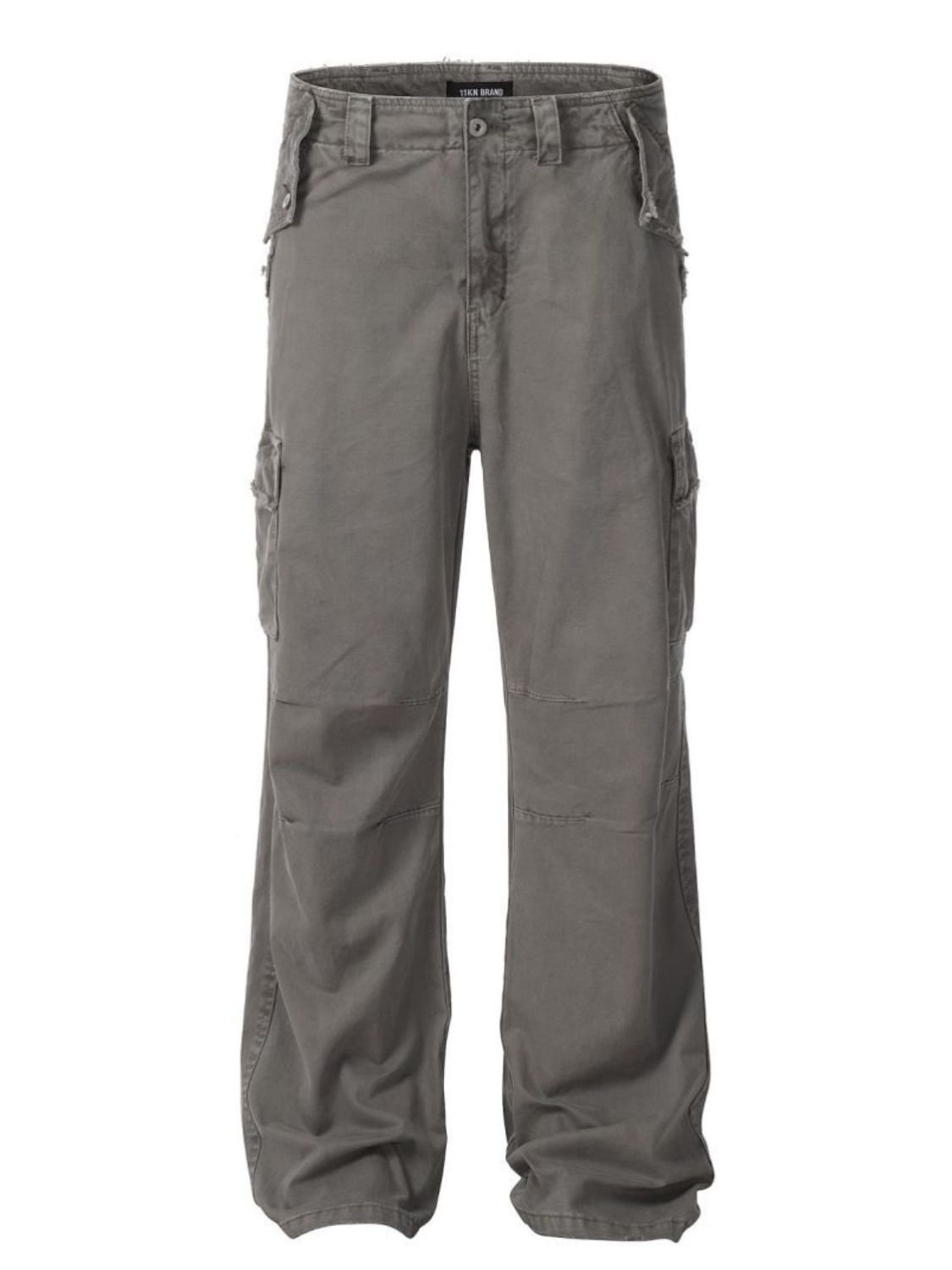Men’s straight leg cargo pants in gray cotton-polyester blend with side pockets.