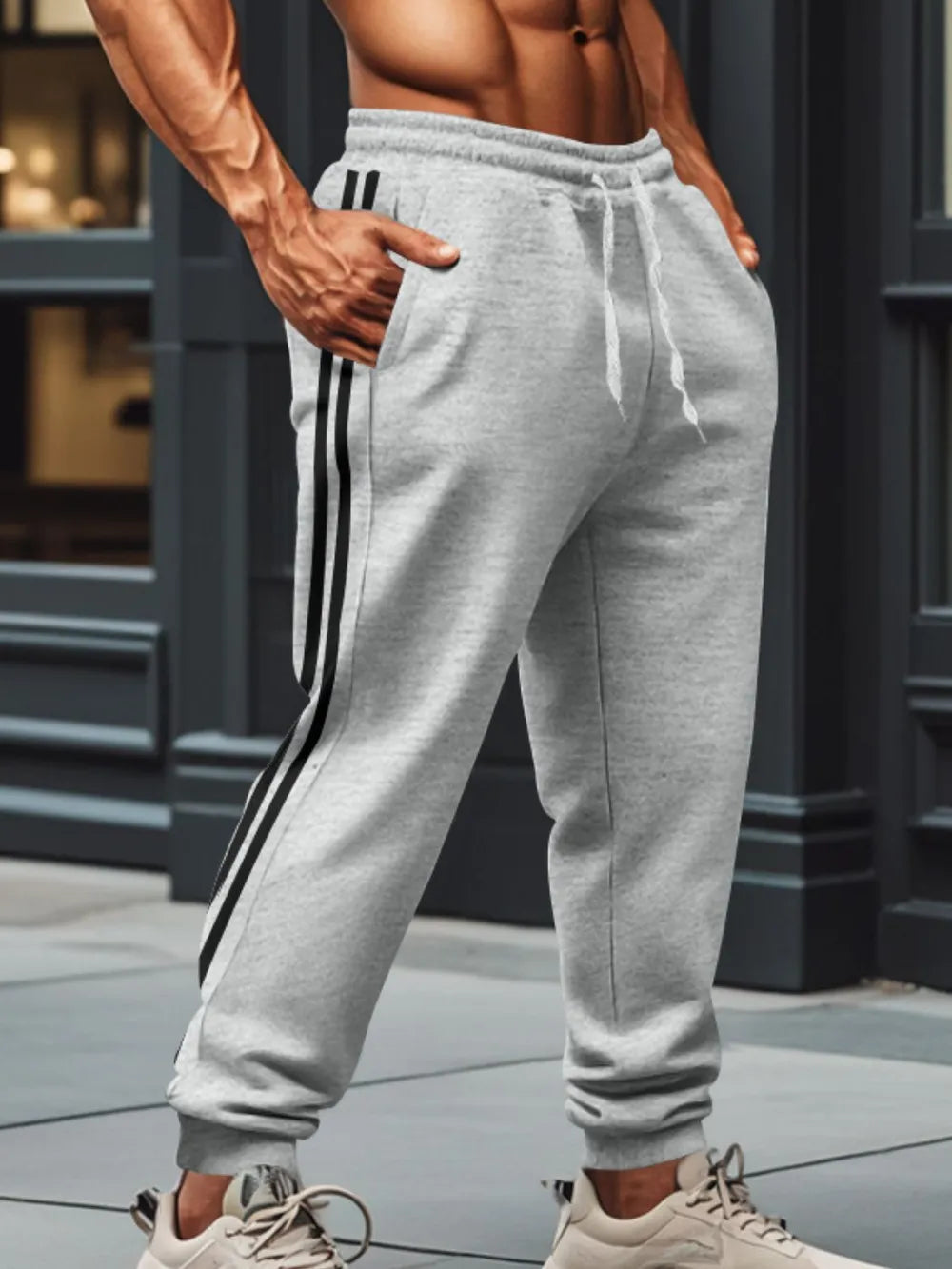 Men's full size drawstring pants with pockets, plus size, polyester-cotton blend.