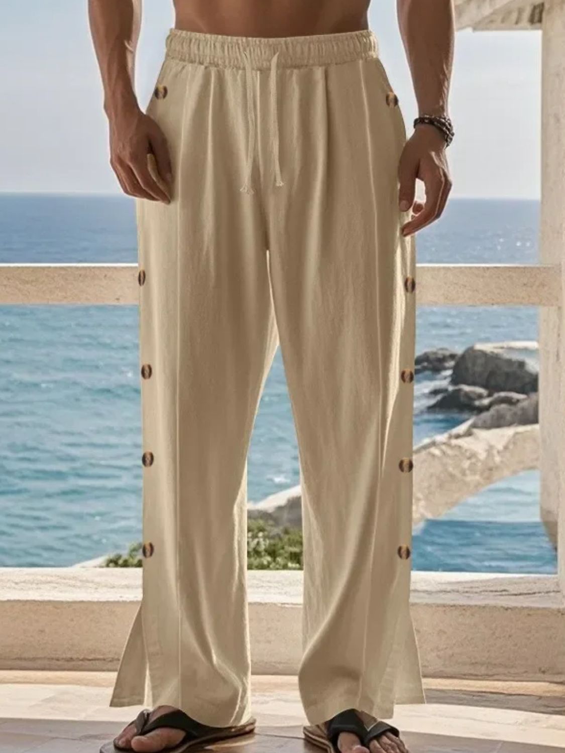 Men's full size side button wide leg pants in linen blend, featuring a basic style and button details, ideal for plus size fashion.