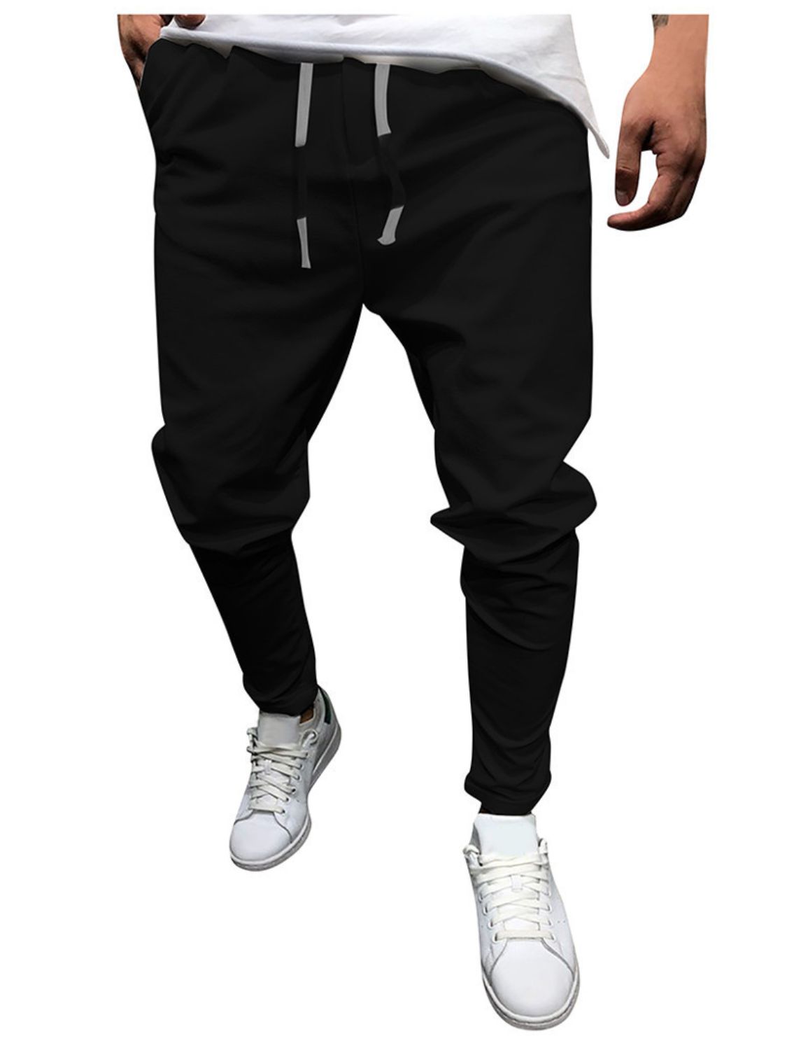 Men's plus size drawstring cropped slim pants with pockets in black