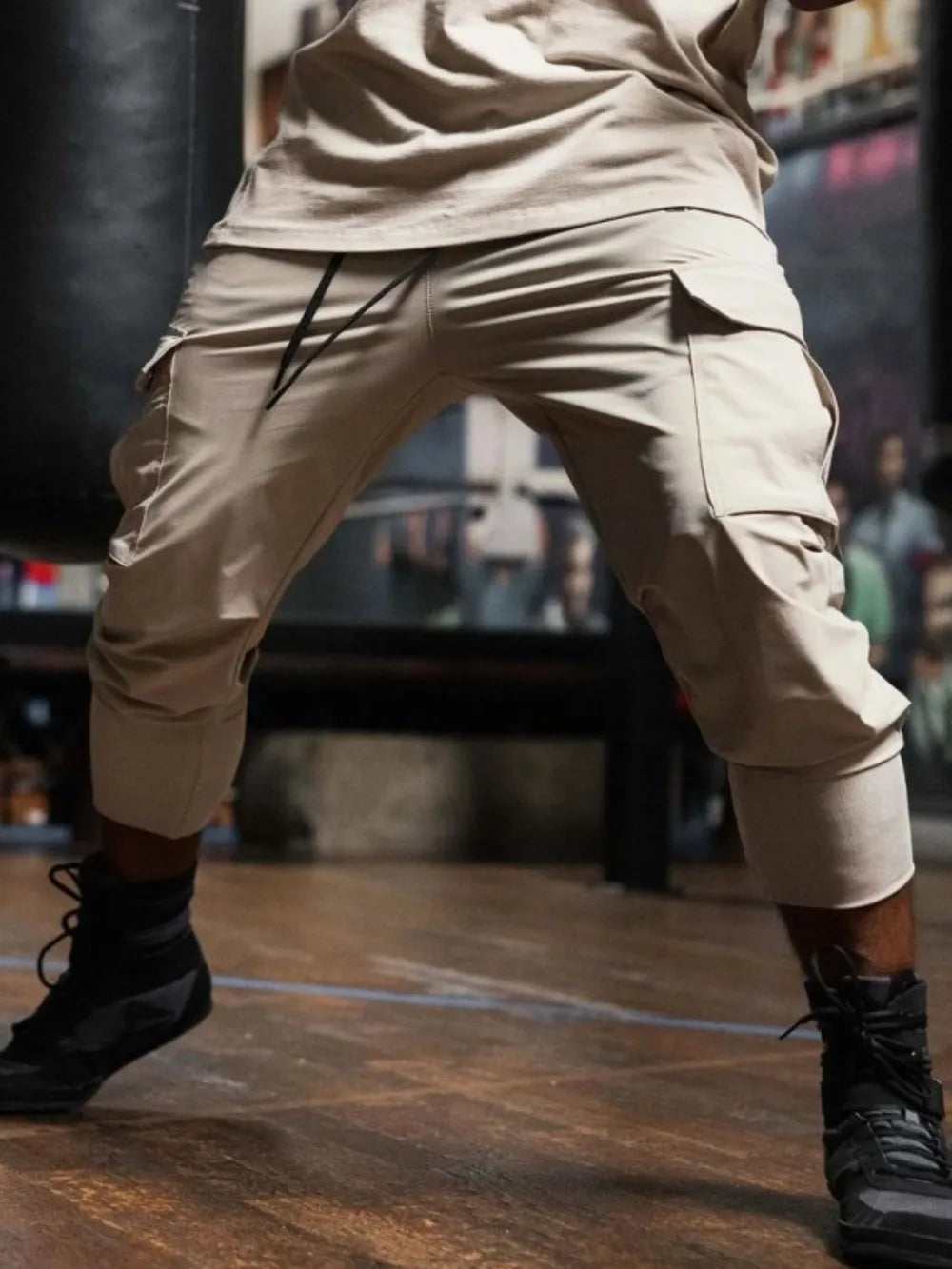Men's plus size drawstring joggers with pockets, beige color, comfortable fit, plus size drawstring.