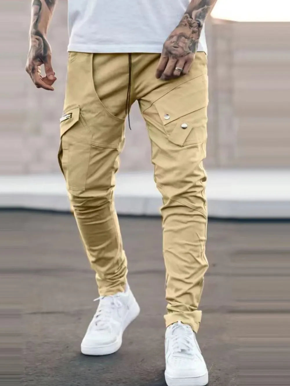 Men's plus size slim fit pants in beige, featuring basic style and pockets, made from 95% cotton and 5% polyester.