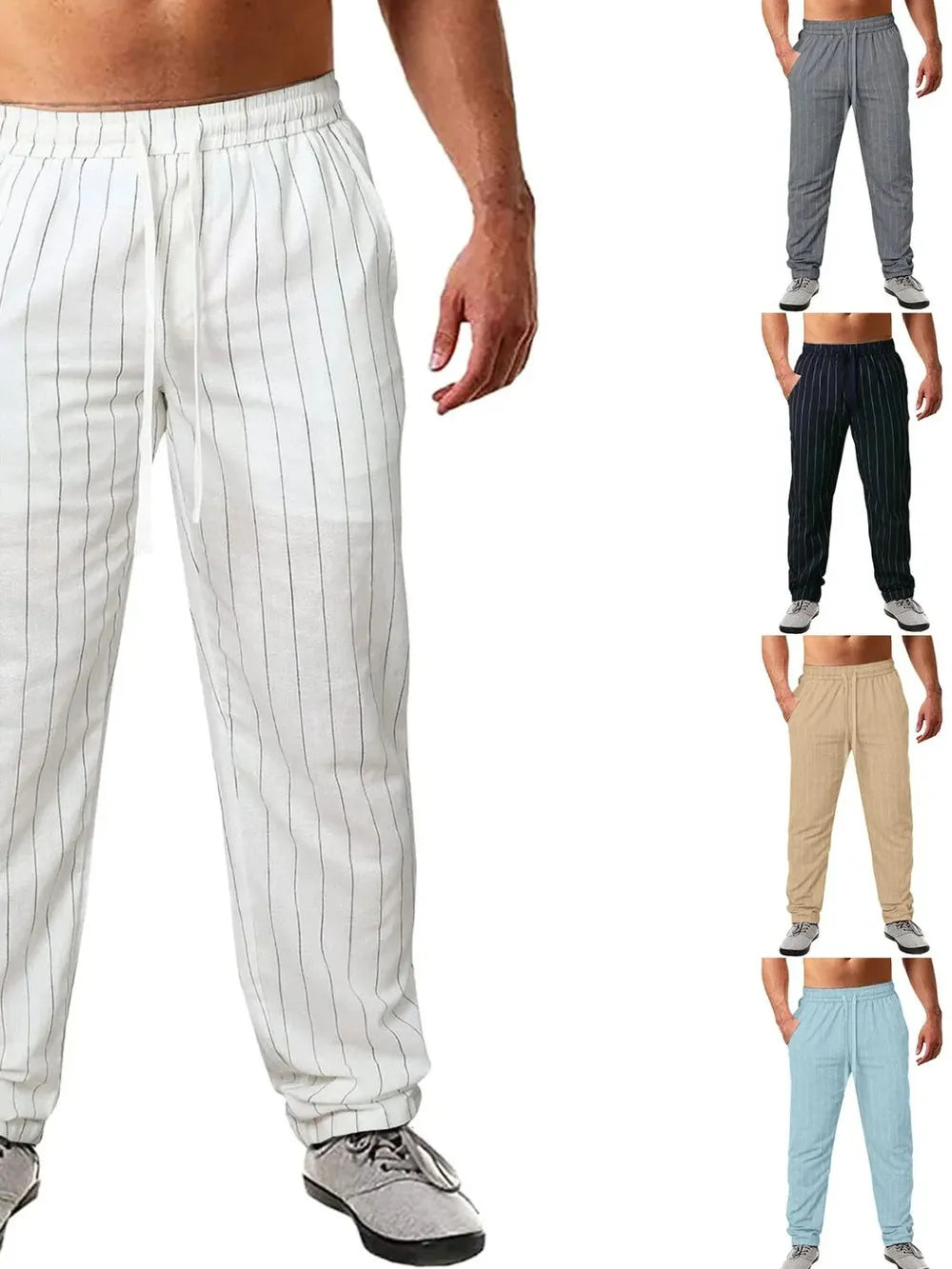 Men's plus size striped drawstring pants in various colors, basic style, cotton-polyester blend.