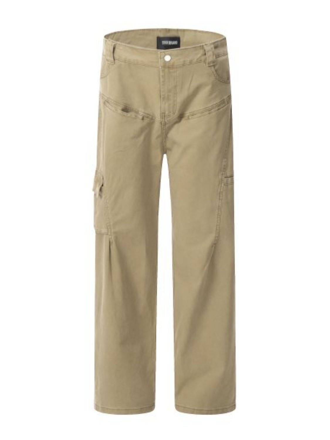 Men's straight leg cargo pants in khaki color, cotton-polyester blend.