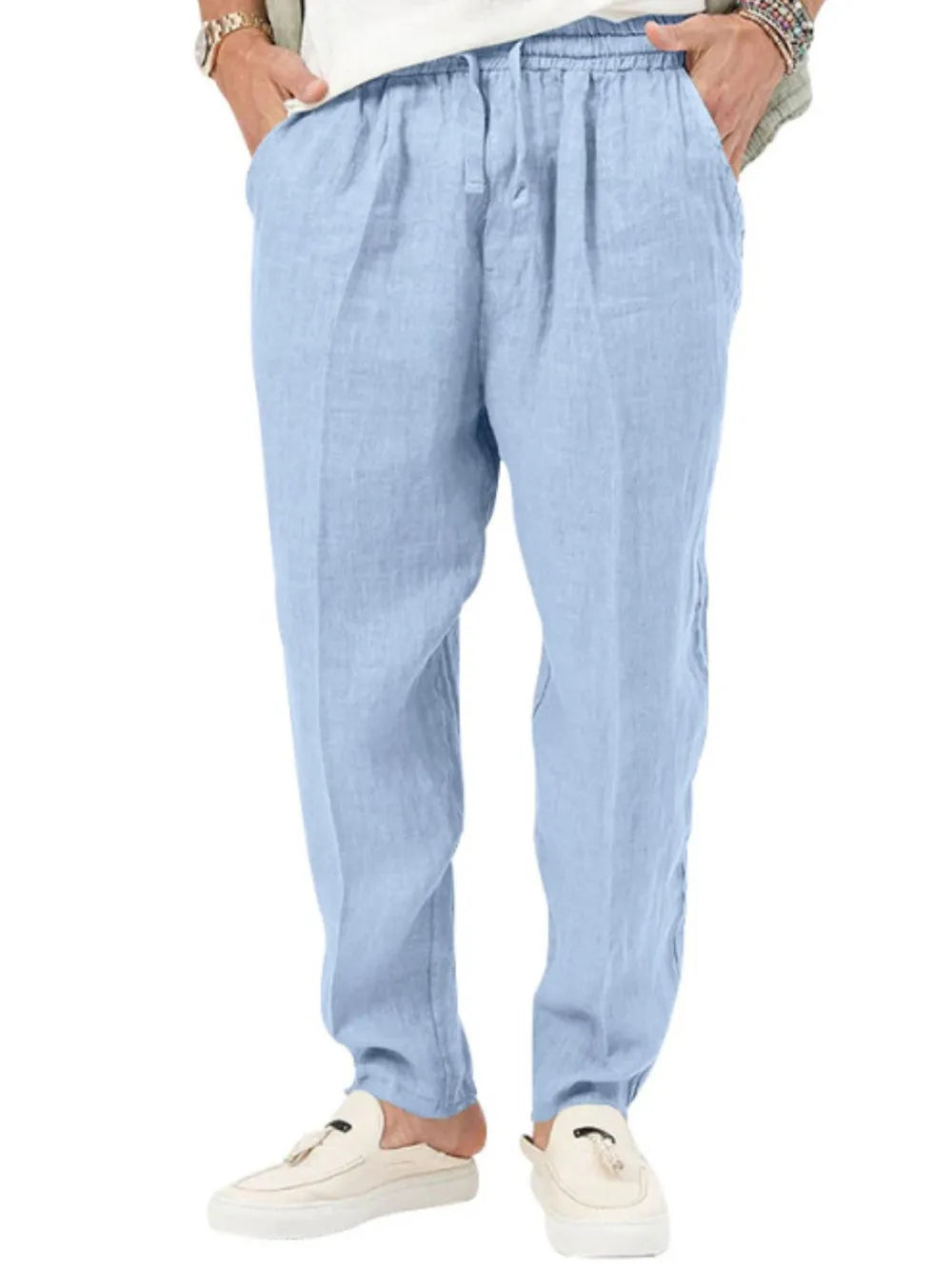 Men's plus size drawstring pants in light blue, featuring basic style and pockets.