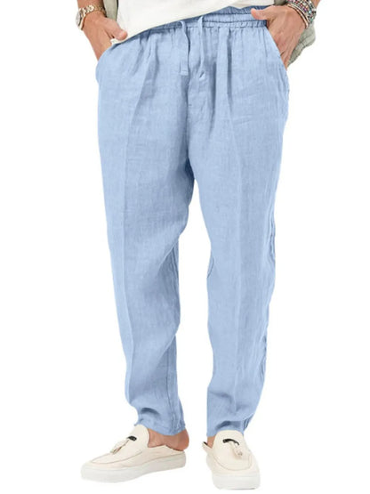 Men's plus size drawstring pants in light blue, featuring basic style and pockets.