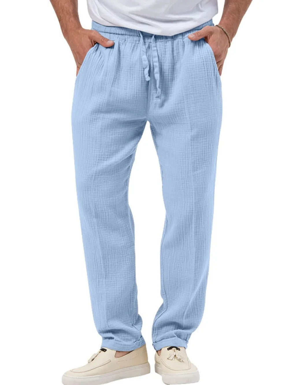 Men's plus size drawstring texture pants in light blue.