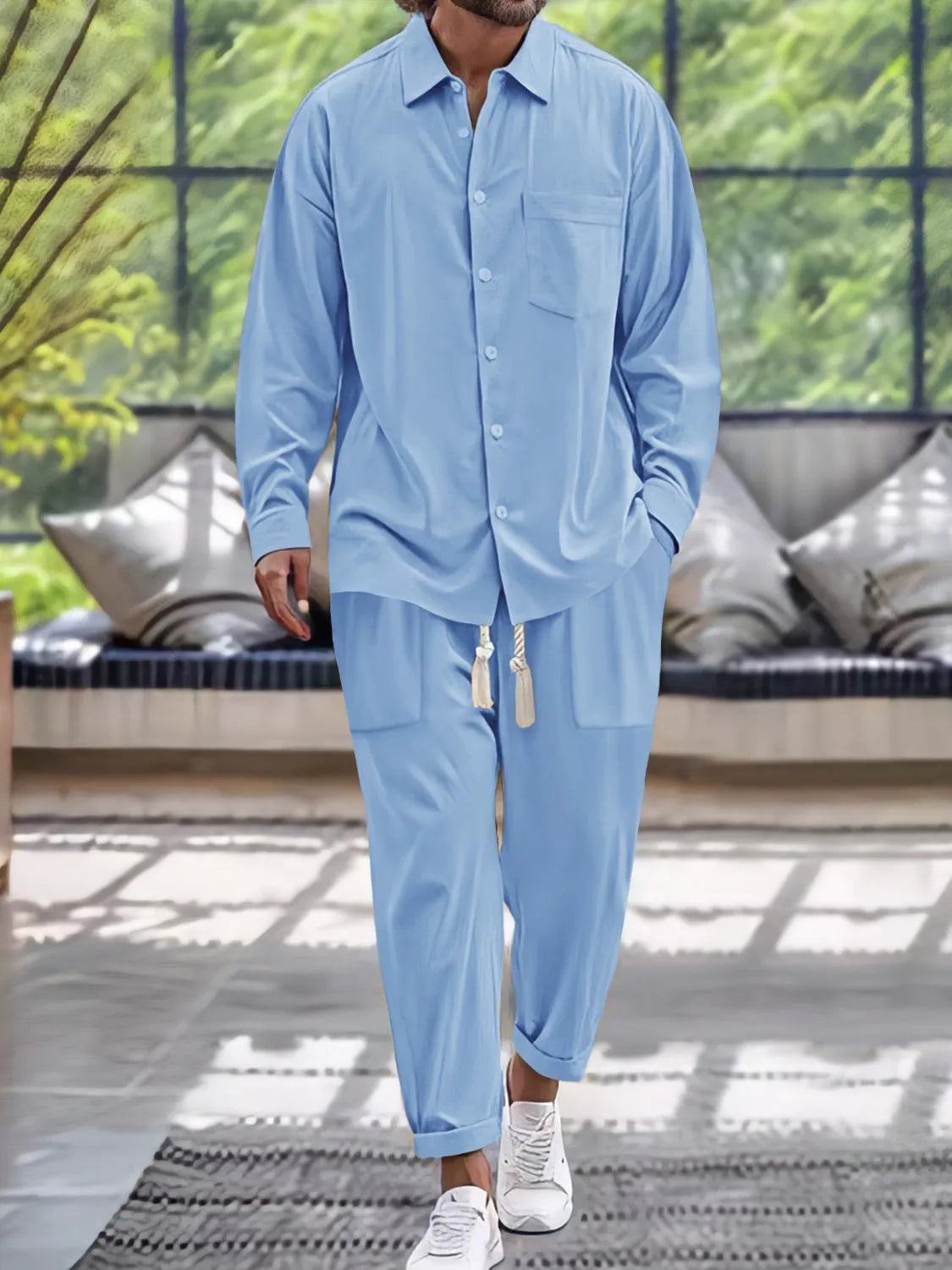 Men's button down long sleeve shirt and pants set in blue, 100% polyester, basic style.