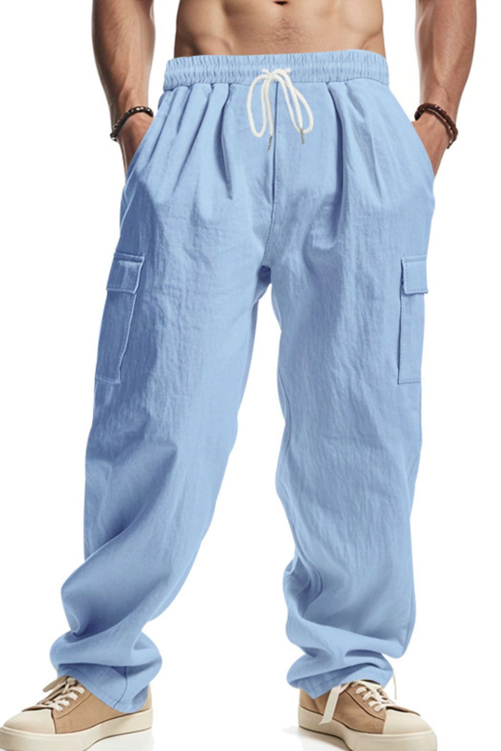 Men's Full Size Drawstring Pants with Pockets, Plus Size, Light Blue