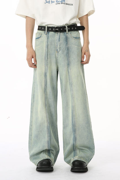Wide leg jeans with pockets, no stretch, cotton blend, front view.