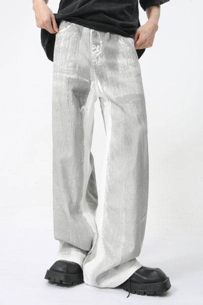 Wide leg jeans with pockets in silver, featuring basic style and no stretch.