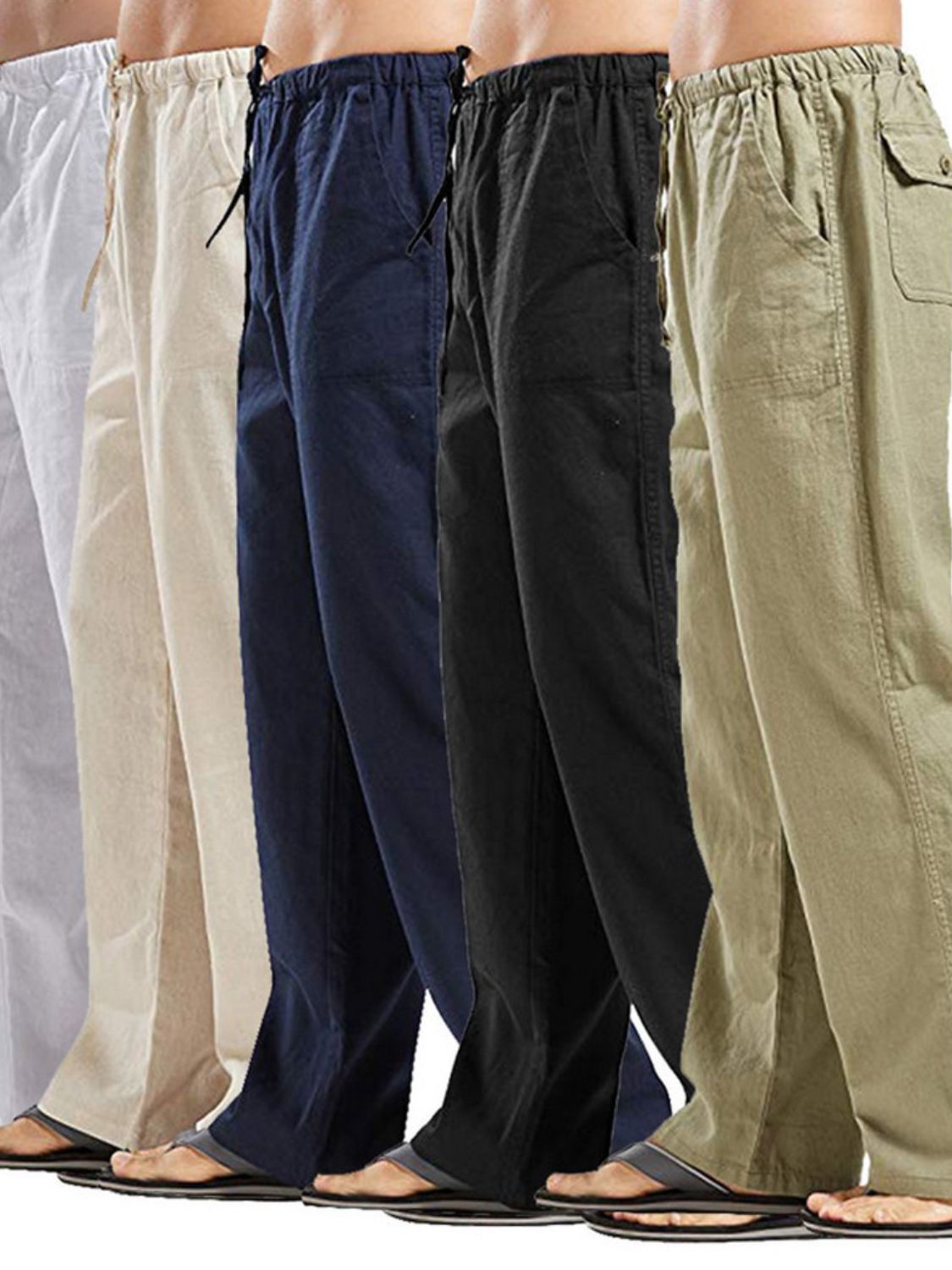 Men's full size straight leg drawstring pants in various colors.