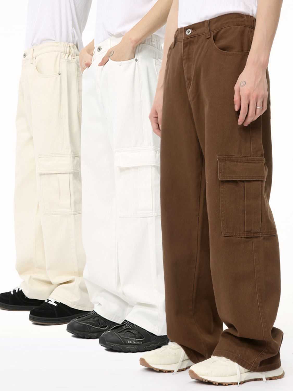 High rise wide leg cargo pants in white, beige, and brown.