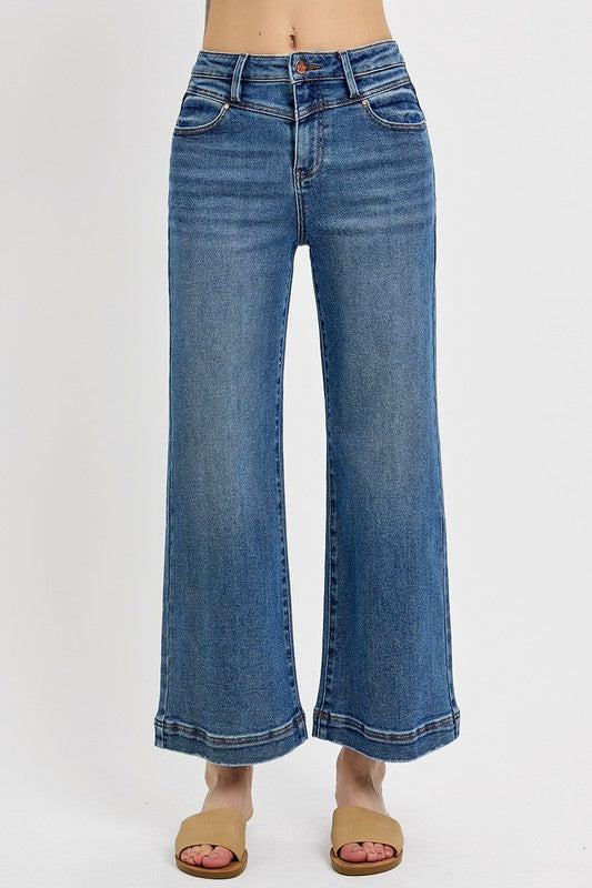 High rise crop wide leg jeans with front yoke detail in blue denim.