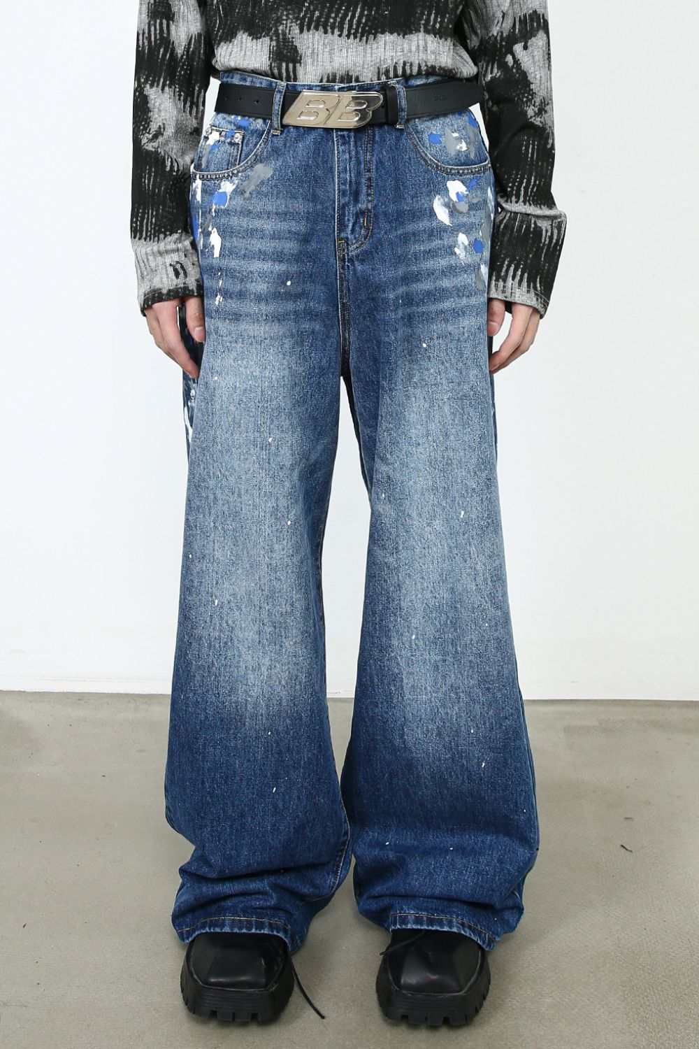 Men's Paint Wide Leg Jeans with paint splatter design, no stretch, cotton blend fabric.