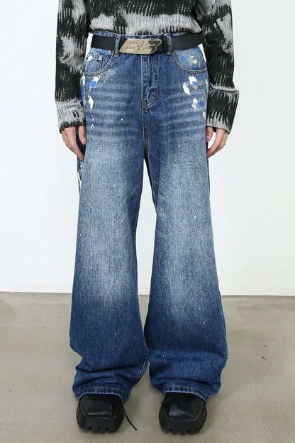 Men's Paint Wide Leg Jeans with paint splatter design, no stretch, cotton blend fabric.