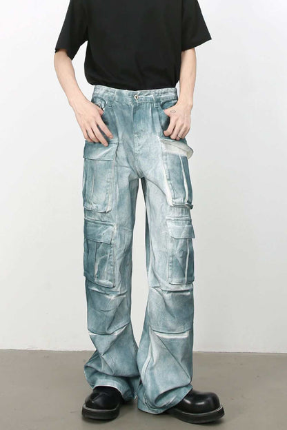 Men's tie-dye cargo jeans in blue with pockets, 100% cotton, basic style.