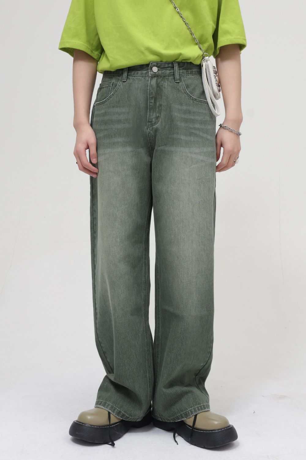 Men's wide straight leg jeans in green, basic style, no stretch.