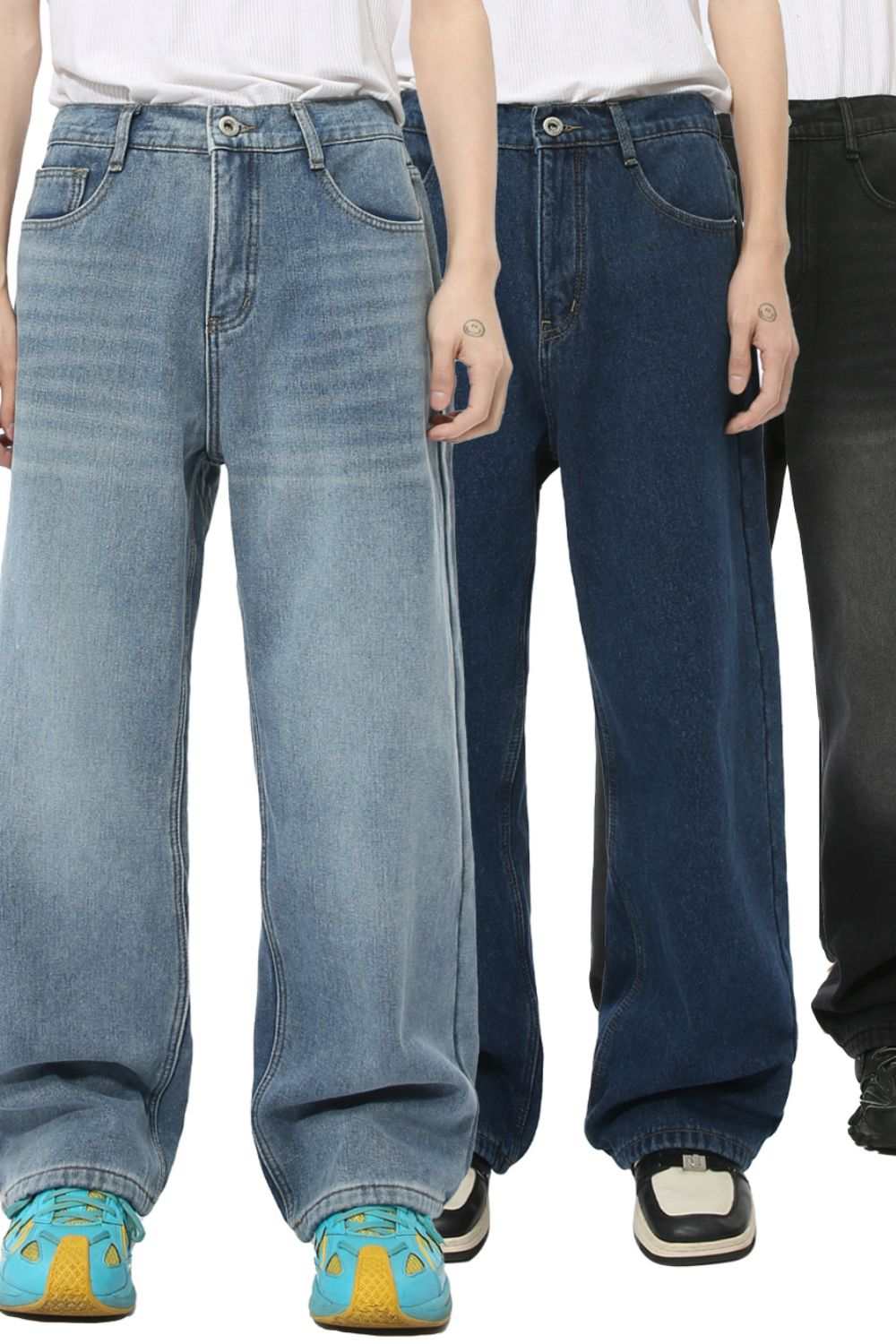 Men's baggy jeans with pockets, non-stretch, cotton blend, various sizes.