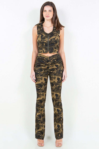 V-Cut Ruched Camo Flare Pants with bold camo print and ruched details.