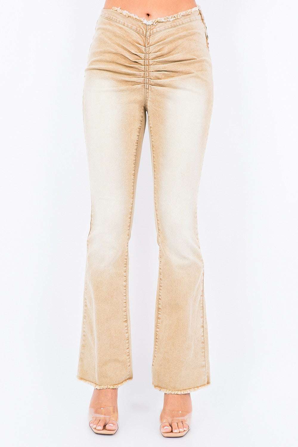 American Bazi V-Cut Ruched Flare Pants with side zipper and natural cut hem.