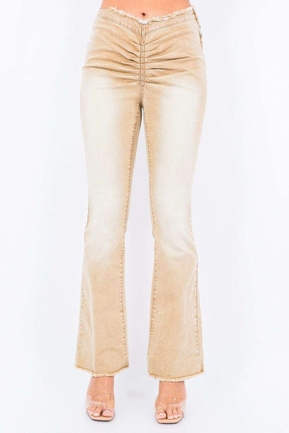 American Bazi V-Cut Ruched Flare Pants with side zipper and natural cut hem.