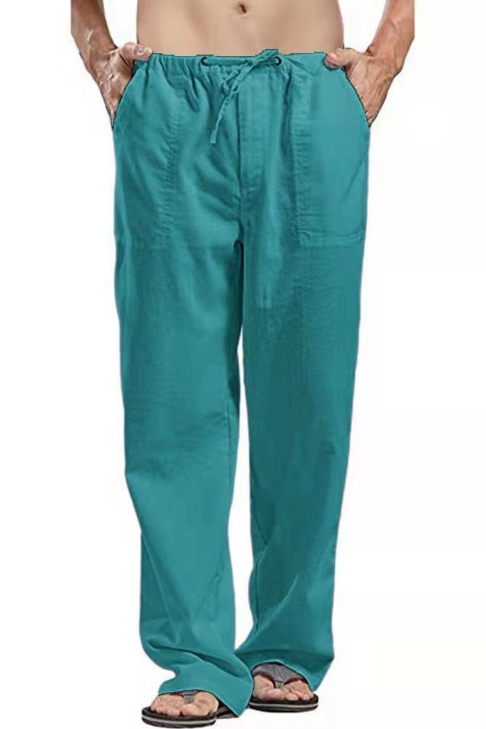 Men's full size drawstring straight leg pants in teal, plus size, cotton and linen blend.
