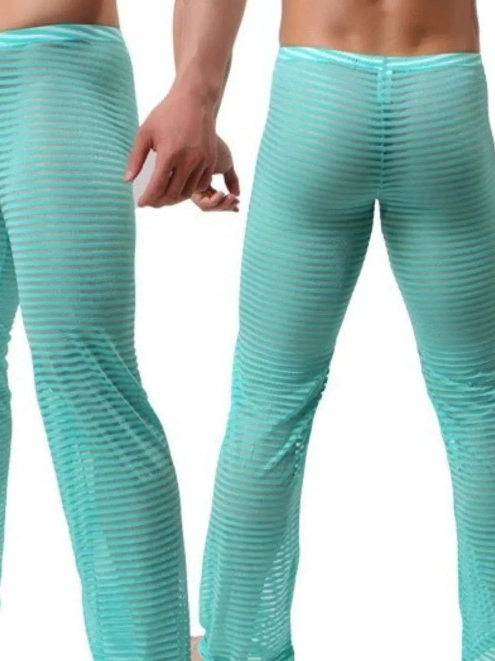 Men's striped sheer pants, mesh style, nylon and polyester blend.