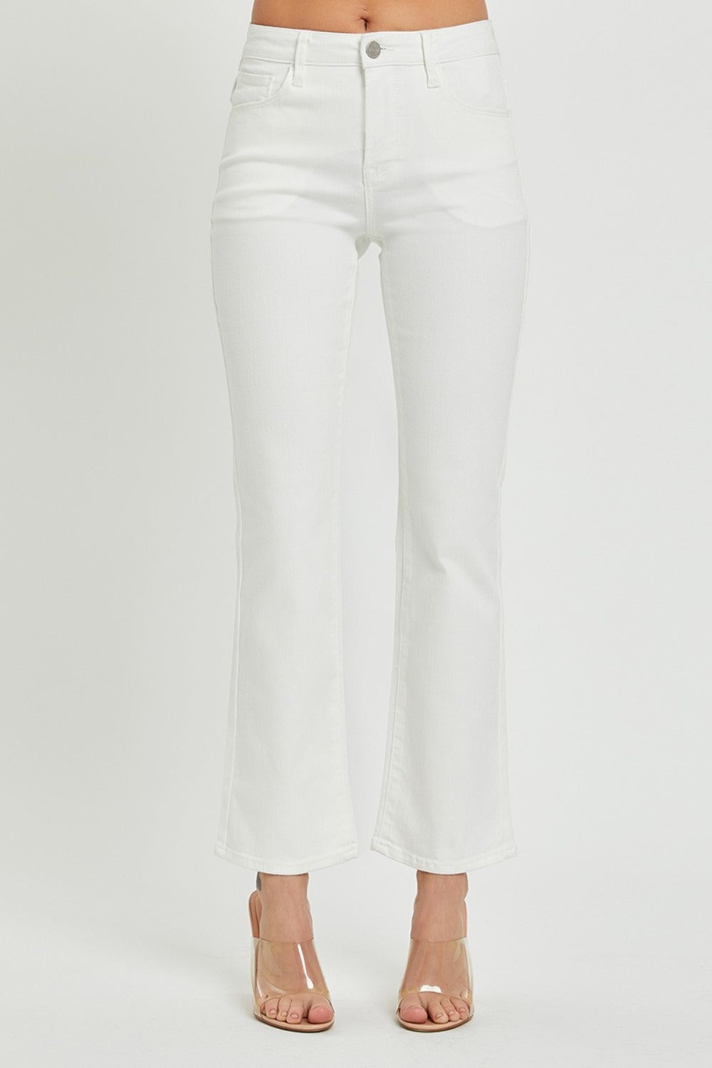 Full size mid rise white jeans with bootcut and pockets.