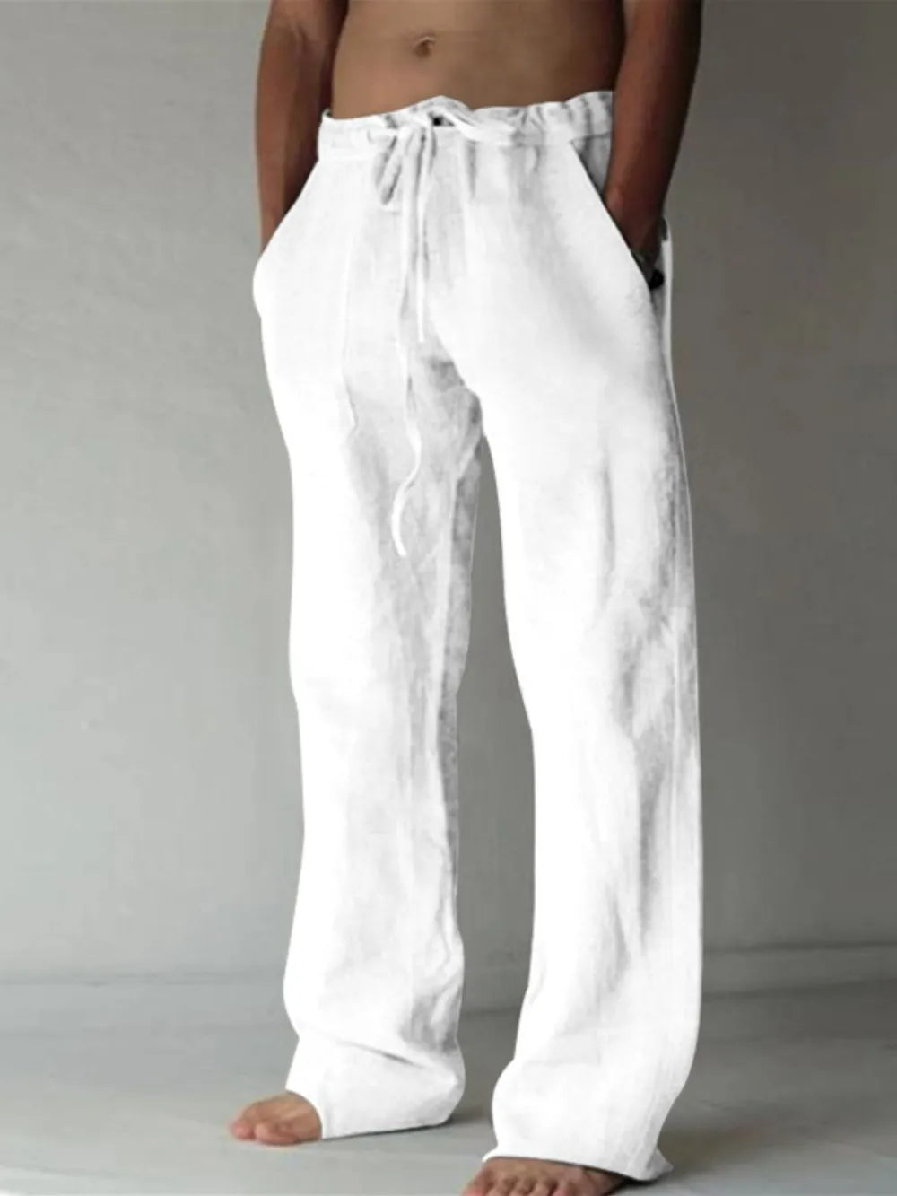 Men's plus size drawstring loose fit pants in white, lightweight and breathable.