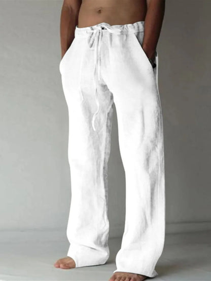 Men's plus size drawstring loose fit pants in white, lightweight and breathable.