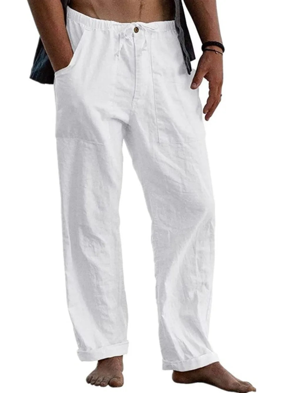 Men's full size loose fit white pants with pockets for comfort and style.