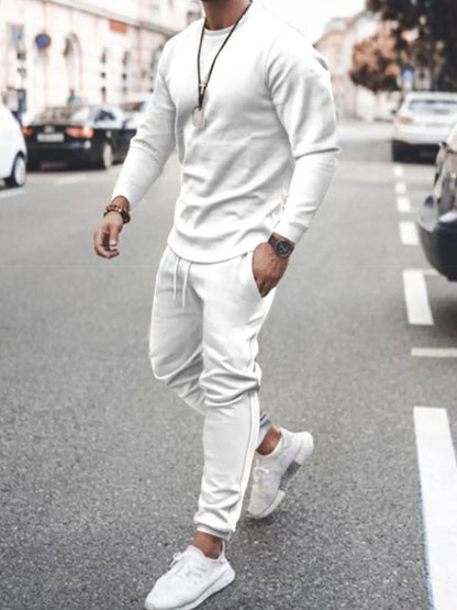 Men's full size round neck long sleeve top and pants set, plus size.