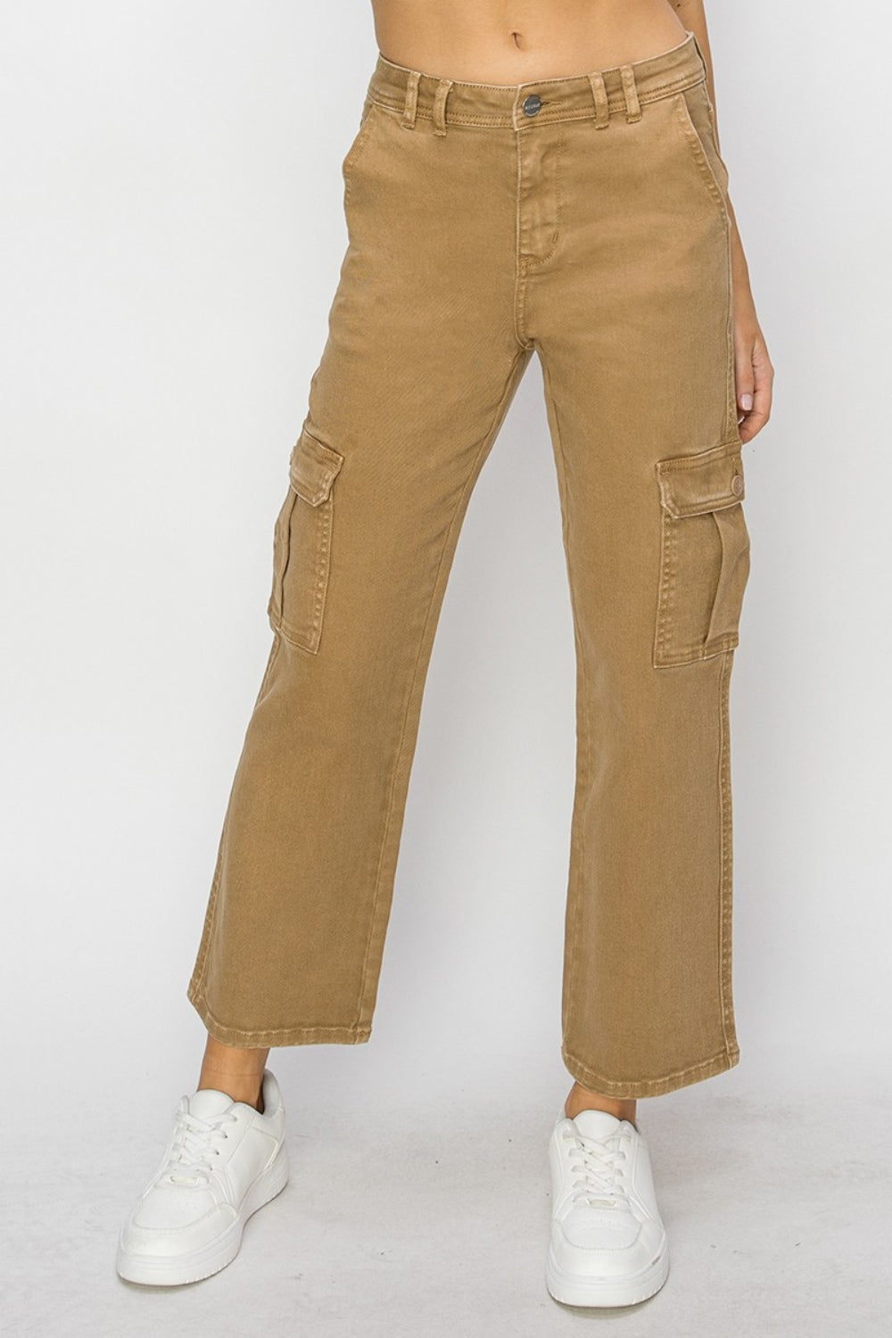 Full size high-rise cargo jeans with pocketed design and slightly stretchy fit.