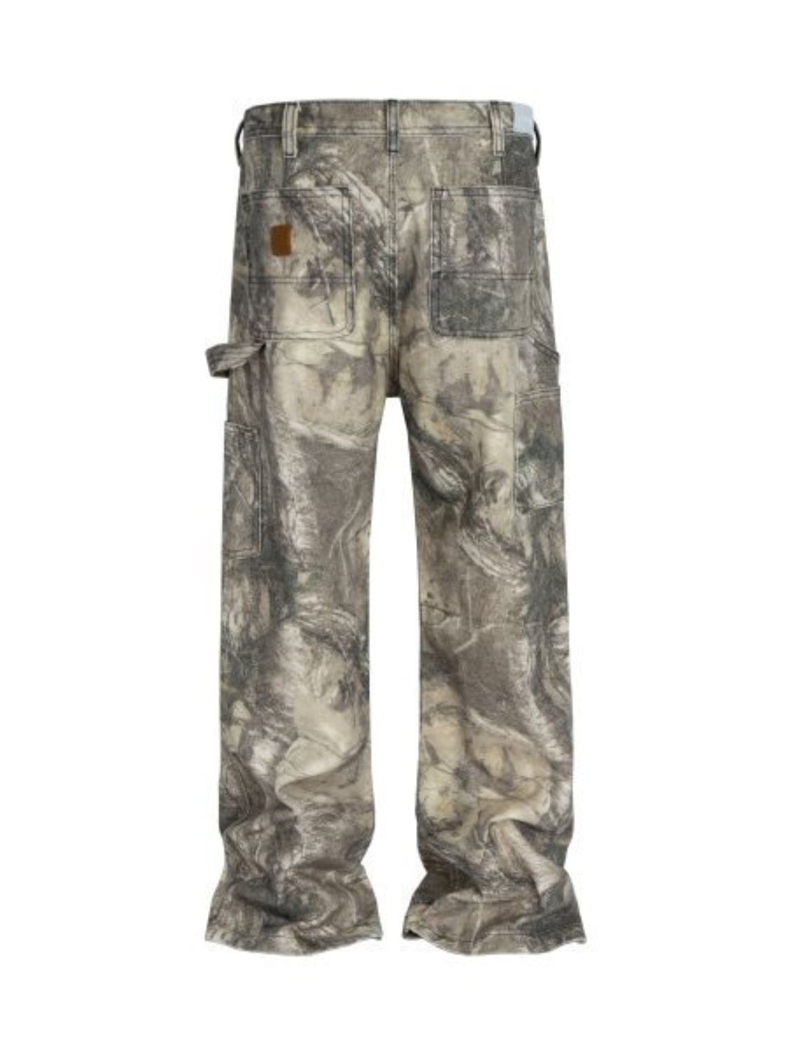 Men's twig camouflage distressed jeans, no stretch, 95% cotton, 5% polyester.