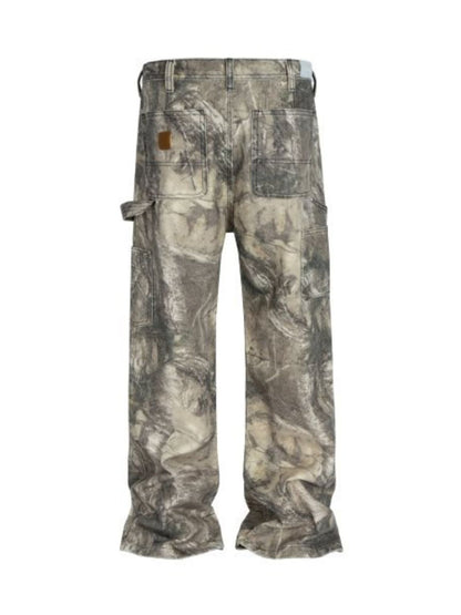 Men's twig camouflage distressed jeans, no stretch, 95% cotton, 5% polyester.