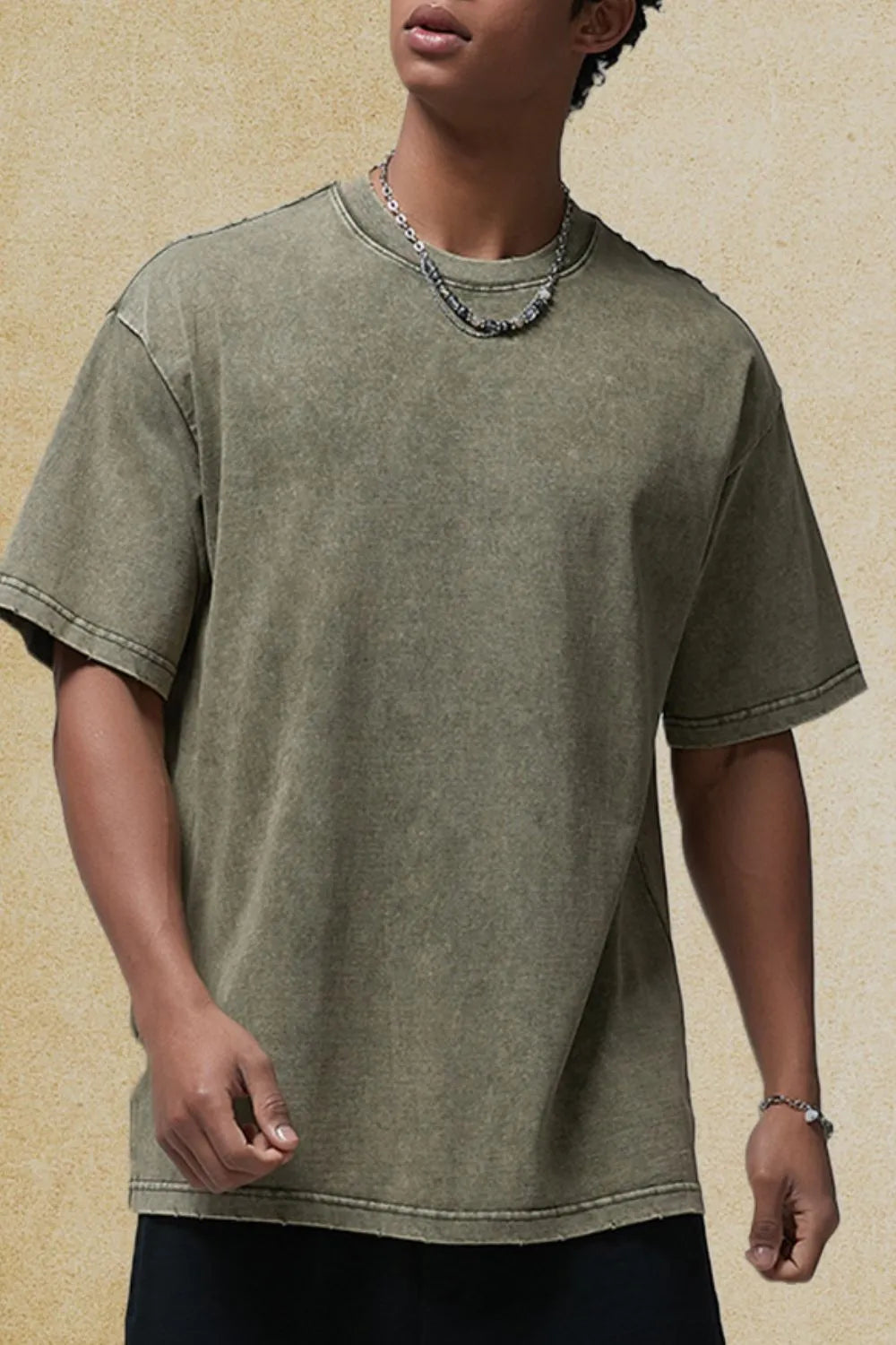 Men's round neck half sleeve t-shirt in olive green, basic style, 100% cotton.