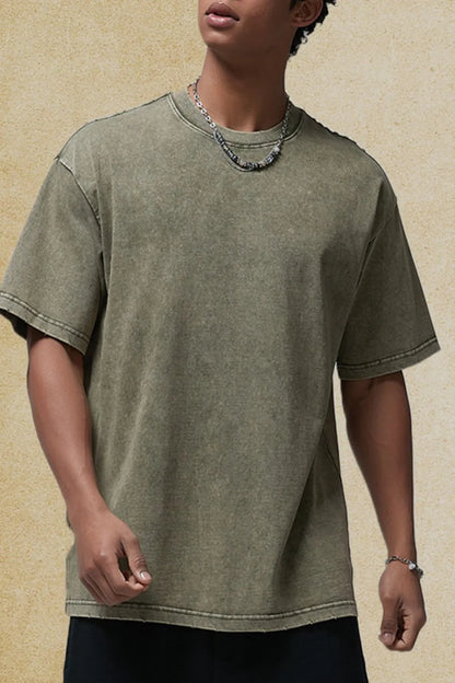 Men's round neck half sleeve t-shirt in olive green, basic style, 100% cotton.
