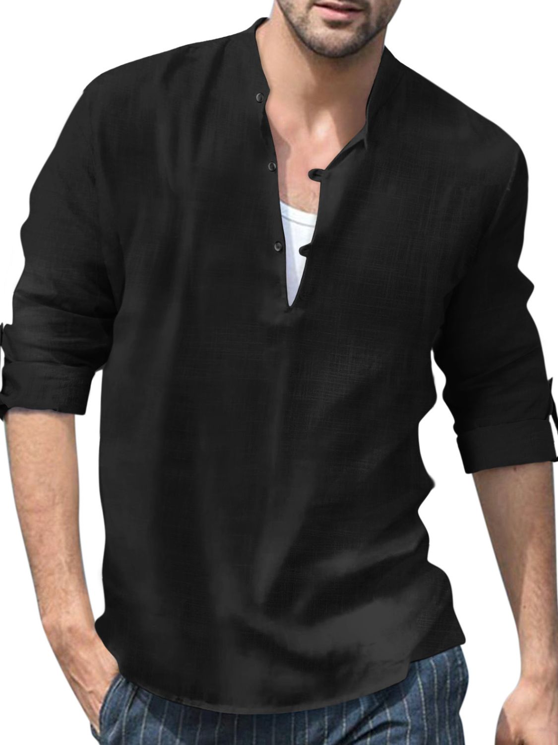 Men's full size half button long sleeve black shirt, plus size, no stretch, flax-cotton blend.