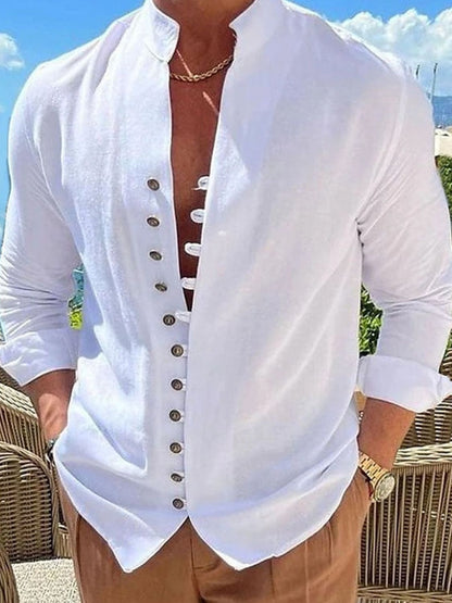Men's full size button front long sleeve shirt in white cotton, basic style.