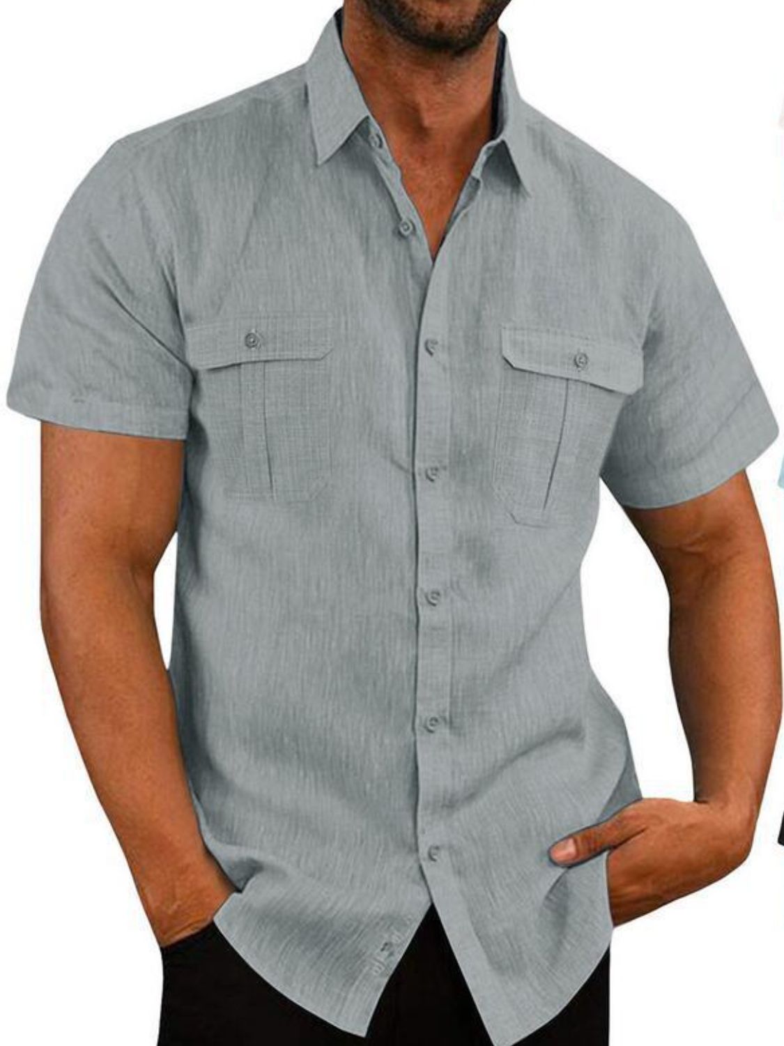 Men's plus size collared neck short sleeve shirt with pockets, buttoned front, in flax and cotton blend.