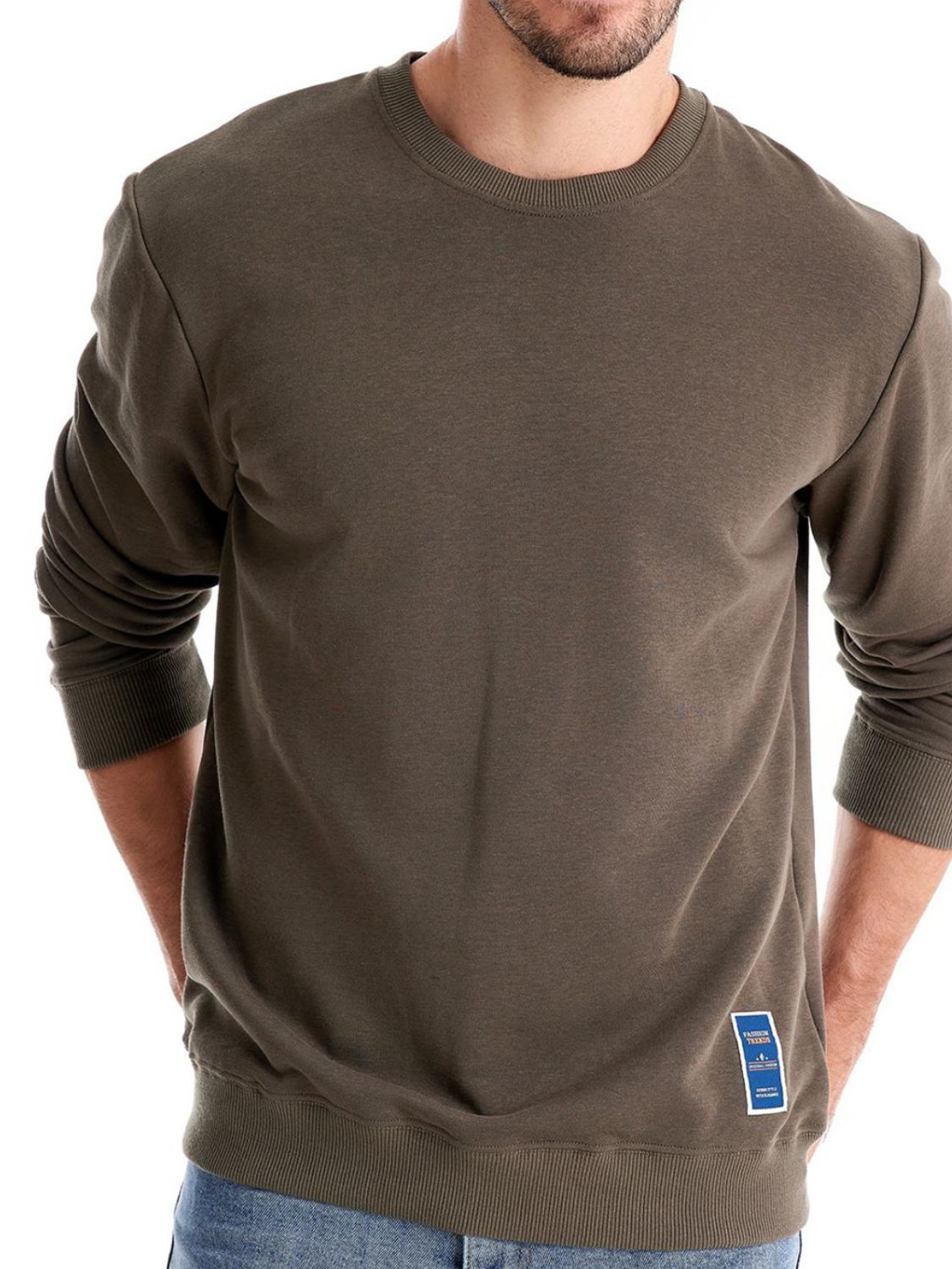 Men's round neck long sleeve sweatshirt made from 50% cotton and 50% polyester, slightly stretchy material.