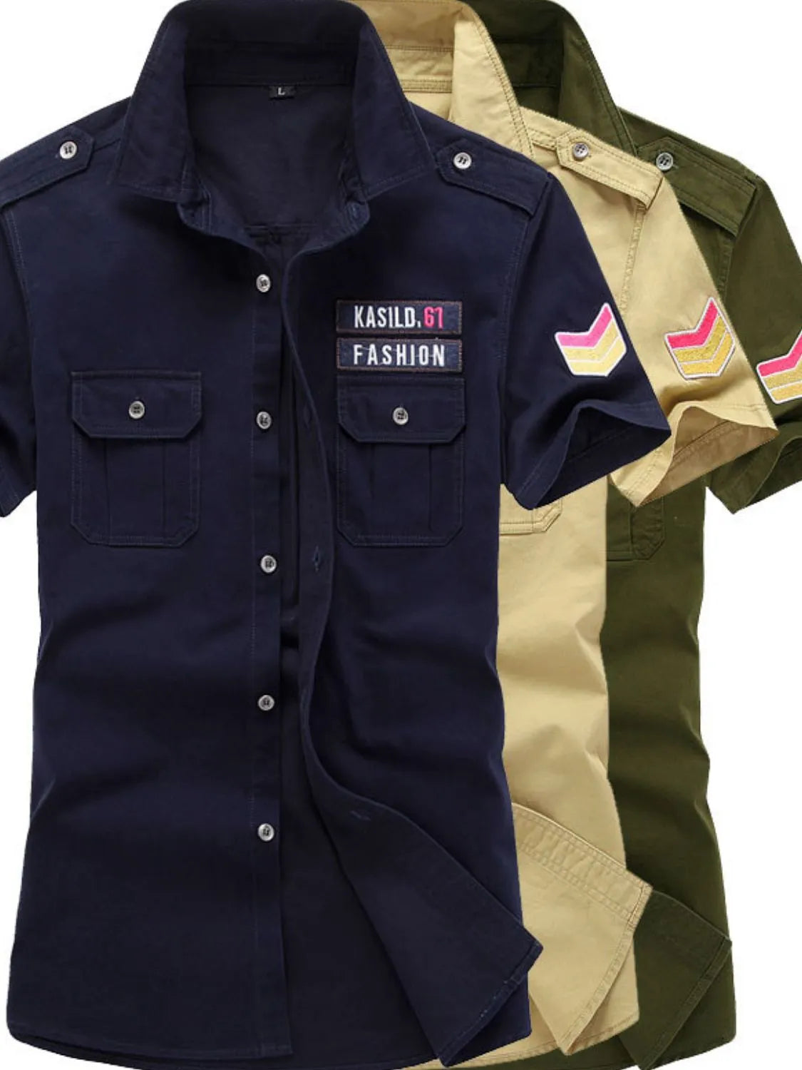 Men's plus size embroidered collared neck short sleeve shirts in navy, beige, and olive green.