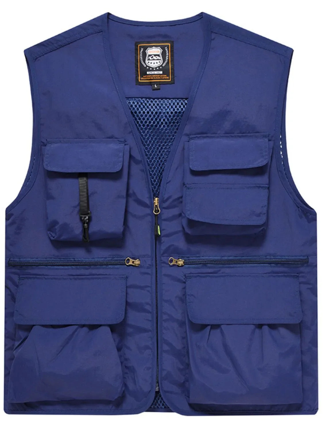 Men's plus size zip up vest in blue with multiple pockets, made of 100% polyester.