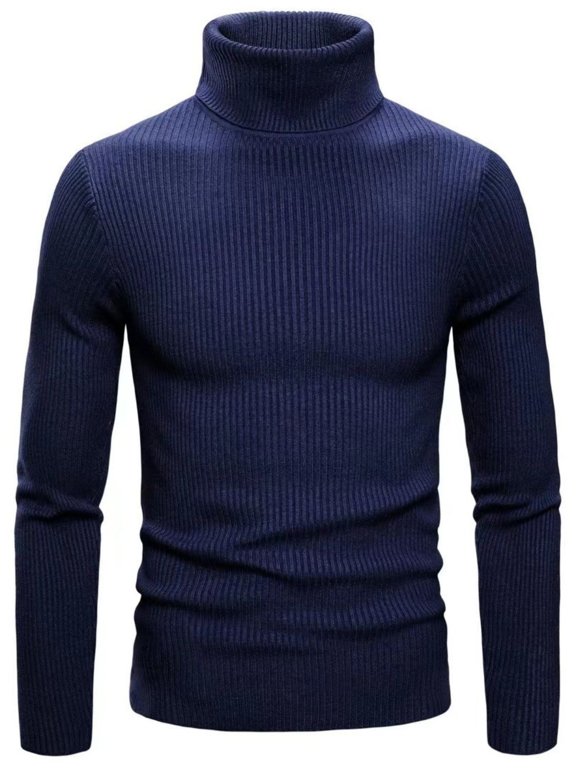 Men's turtleneck long sleeve ribbed sweater in navy blue, stylish and comfortable.