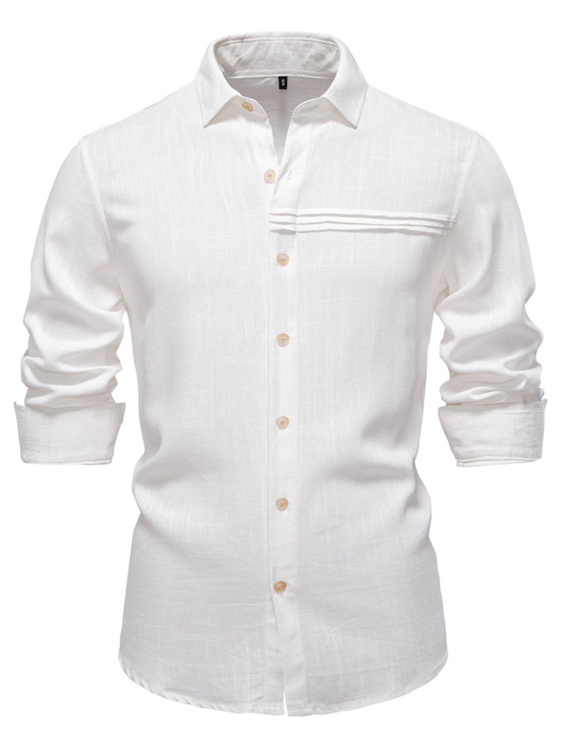 Men's button down collared neck shirt, white, slightly stretchy, viscose-linen blend.