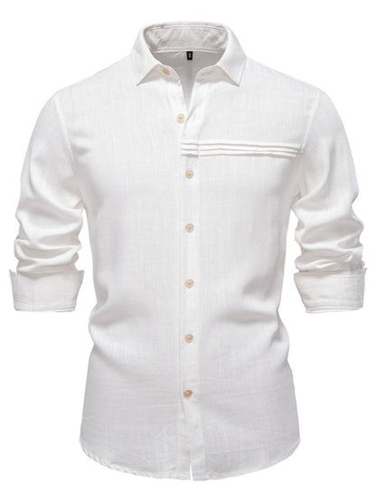 Men's button down collared neck shirt, white, slightly stretchy, viscose-linen blend.