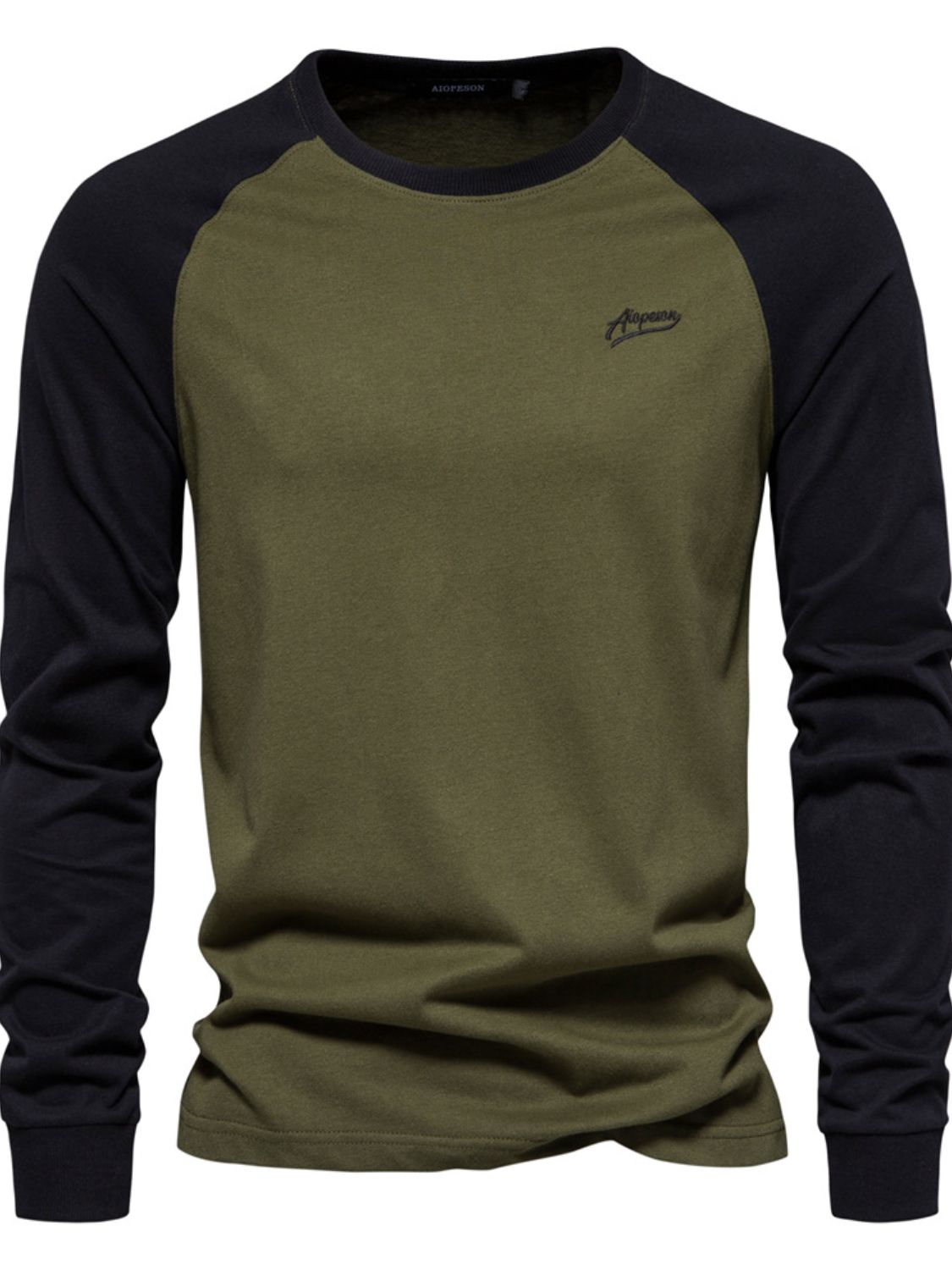 Men's contrast round neck raglan sleeve t-shirt in green and black, 100% cotton.